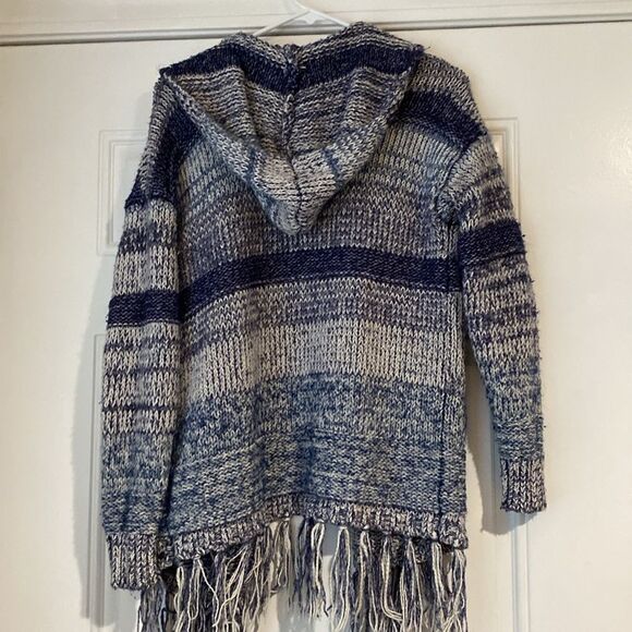 American Eagle Shades of Blue Fringe Knit Hooded Open Sweater Shrug Size L/XL - Picture 6 of 6